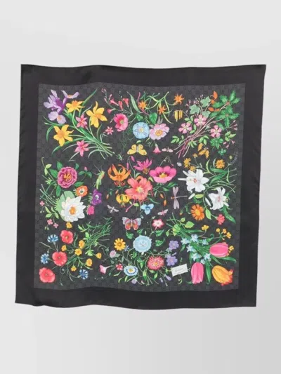 Gucci Flora Silk Square Foulard Gg Supreme In Black