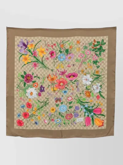 Gucci Flora Silk Square Scarf Border Detail In Brown