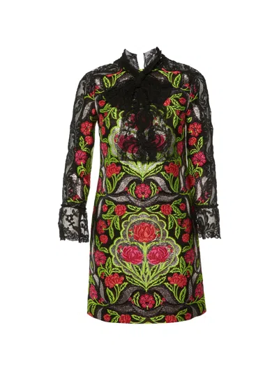 Pre-owned Gucci Floral Brocade Lace Mini Dress In Black