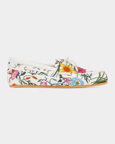 Gucci Floral Canvas Boat Shoes In Multi