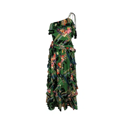Pre-owned Gucci Floral Check-print Ruffled Silk-crepe Dress 'green/black' | Women's Size 42