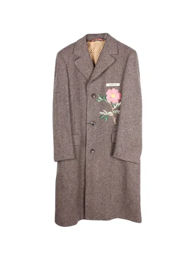 Pre-owned Gucci Floral-embroidered Coat In Brown
