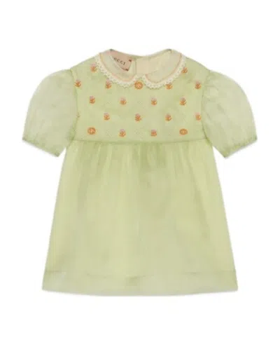 Gucci Floral-embroidery Silk Organza Dress In Nude