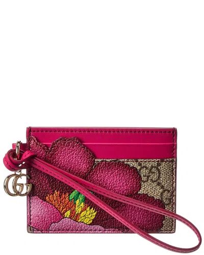 Gucci Floral Gg Supreme Canvas & Leather Card Case In Red