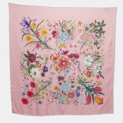 Pre-owned Gucci Floral Gg Supreme Print Silk Square Scarf In Pink