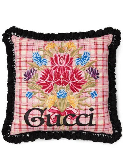 GUCCI FLORAL LOGO-EMBROIDERED CUSHION