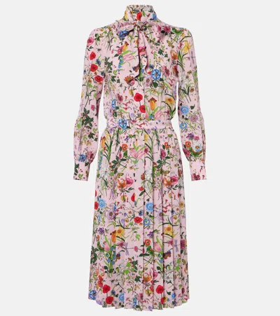 Gucci Floral Pleated Silk Shirt Dress In Pink