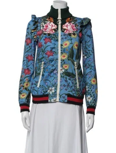 Pre-owned Gucci Floral Print Bomber Jacket In Blue