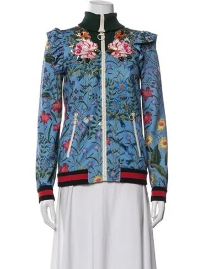 Pre-owned Gucci Floral Print Bomber Jacket In Blue