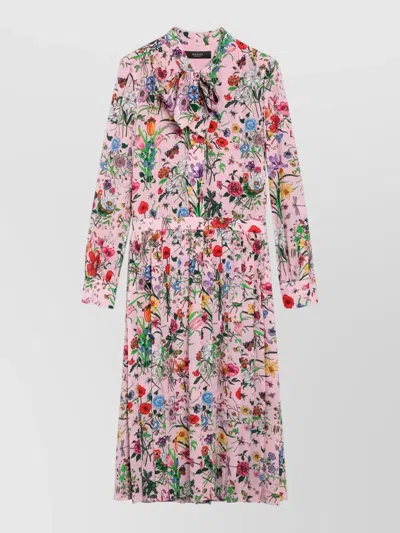 Gucci Floral Print Dress Long Sleeves Pleated Skirt In Pink