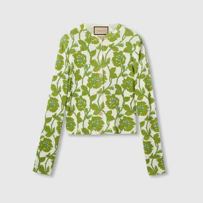 Gucci Floral Print Fine Wool Silk Cardigan In Green