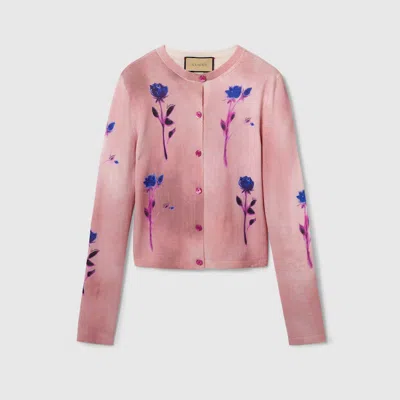 Gucci Floral Print Fine Wool Silk Cardigan In Pink