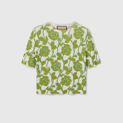 Gucci Floral Print Fine Wool Silk Top In Green