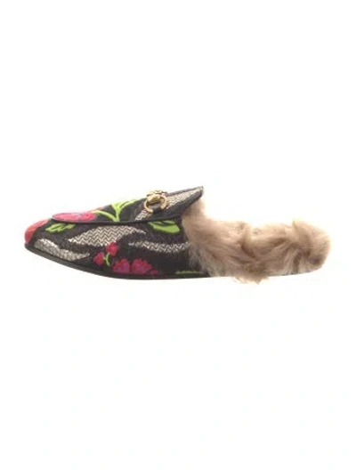 Pre-owned Gucci Floral Print Fur Trim Mules In Black/metallic