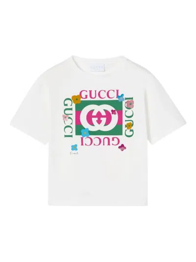 Gucci Kids' Floral-print Logo T-shirt In White