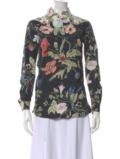 Pre-owned Gucci Floral Print Long Sleeve Blouse In Gray