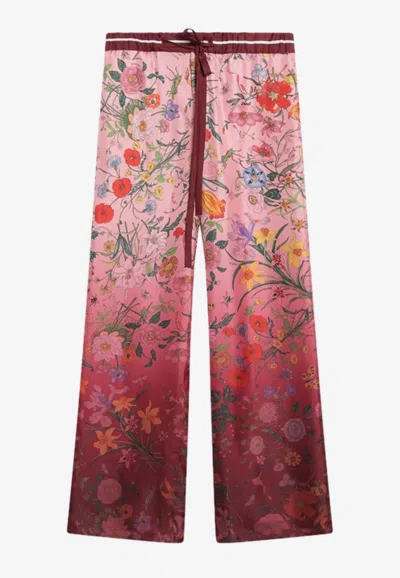 Gucci Floral Print Ombre Silk Pants In Red