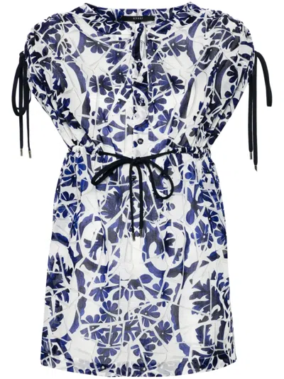Pre-owned Gucci Floral-print Semi-sheer Mini Dress In 蓝色