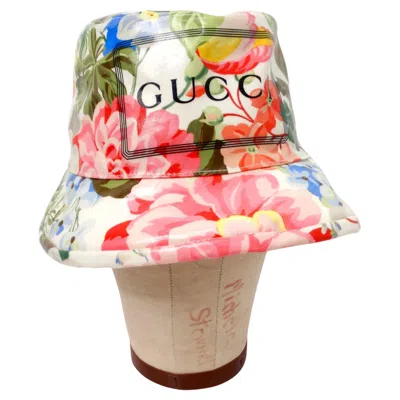 Pre-owned Gucci Floral Print Shiny Coated Cotton Bucket Hat In Sand