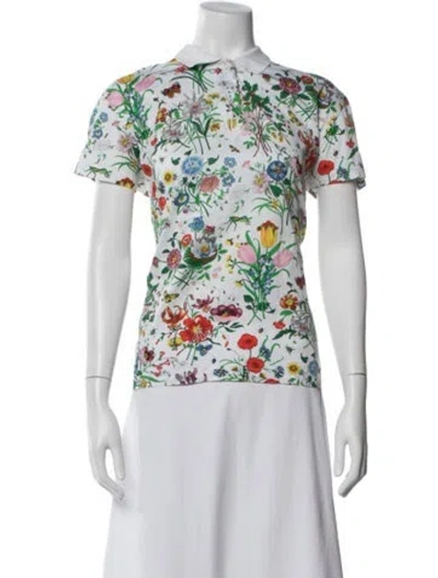 Pre-owned Gucci Floral Print Short Sleeve Polo In White