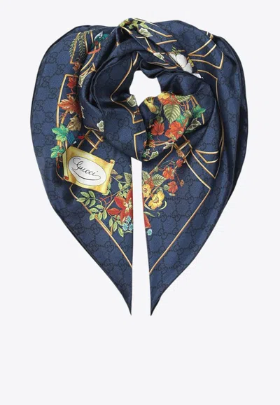 Gucci Floral Print Silk Scarf In Blue