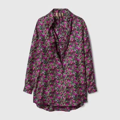 Gucci Floral Print Silk Shirt And Bra Set In Pink