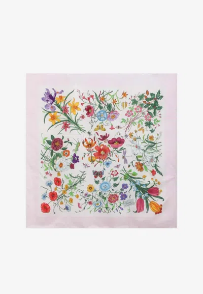 Gucci Floral Print Silk Twill Scarf In Pink
