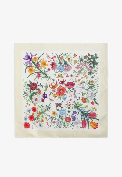 Gucci Floral Print Silk Twill Scarf In Yellow