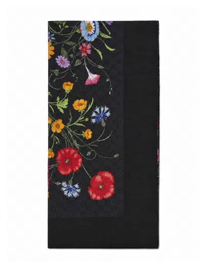 Gucci Floral Print Wool And Silk Scarf In Black