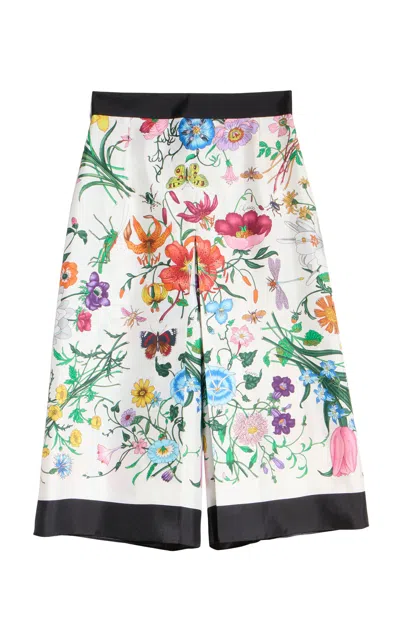 Gucci Floral Printed Silk Wide-leg Cropped Pants In Multi