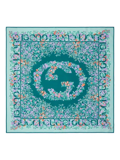 Gucci Floral Printed Twill Scarf In Blue