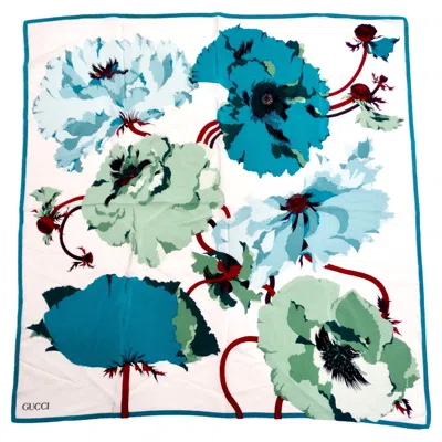 Pre-owned Gucci Floral Silk Blue & Green Poppies Motif Scarf