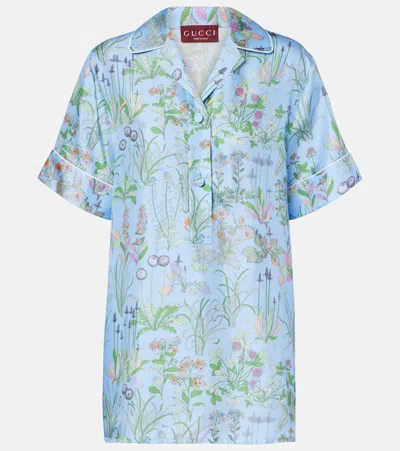 Gucci Bowling Collar Shirt Floral Print Trim Relaxed In Blue