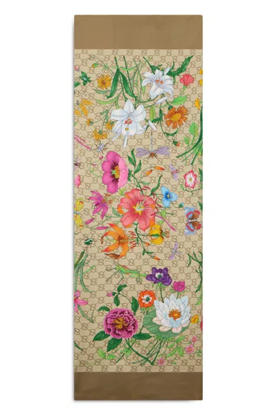 Gucci Floral Silk Scarf In Beige