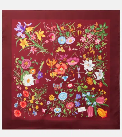 Gucci Floral Silk Twill Scarf In Brown