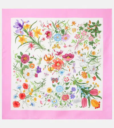 Gucci Silk Twill Scarf With Allover Flora Print 90cm X 90cm In Multicolor