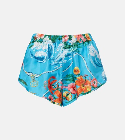 Gucci Floral Silk Twill Shorts In Blue