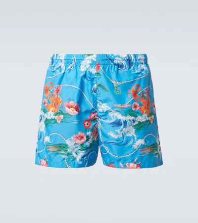 Gucci Floral-print Silk Bermuda Shorts In Blue