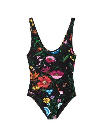 Gucci Floral One Piece Swimsuit High Leg Scoop In Black