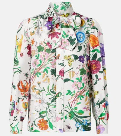 Gucci Floral Tie-neck Silk Twill Shirt In White