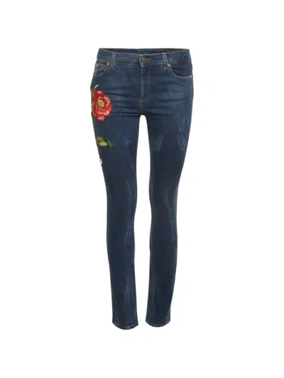 Pre-owned Gucci Floral-embroidered Belt-loop Jeans In Blue