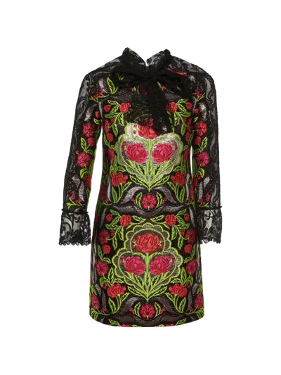 Pre-owned Gucci Floral-jacquard Lace-trim Mini Dress In Black