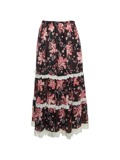 Pre-owned Gucci Floral-print Lace-trim Midi Skirt In Black