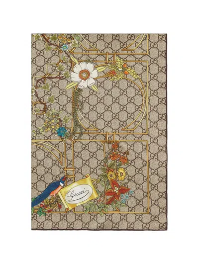Gucci Floral-print Logo-monogram Scarf In Brown