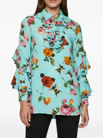 Pre-owned Gucci Floral-print Ruffled Blouse In Green