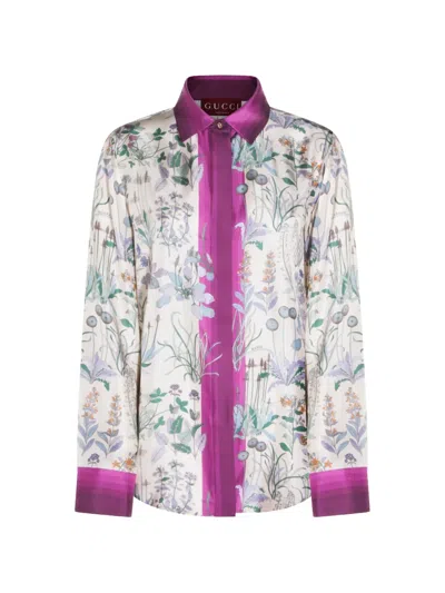 Gucci Ivory Silk Twill Shirt With Floral Print Women In Purple