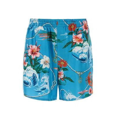 Gucci Floral-print Silk Bermuda Shorts In Blue