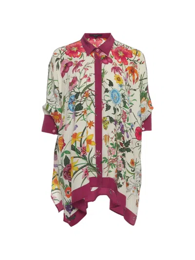 Pre-owned Gucci Floral-print Silk Blouse In Neutrals