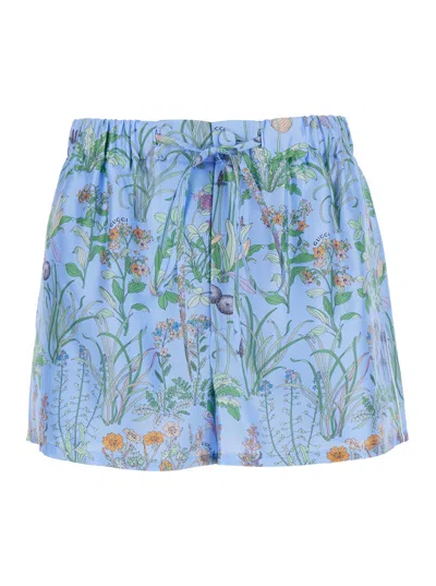Gucci Silk Floral-print Bermuda Shorts In Blue
