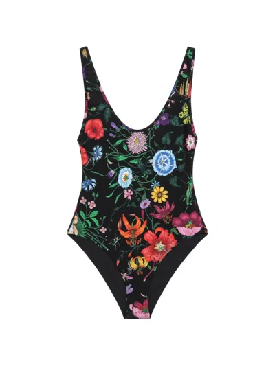 Gucci Floral One Piece Swimsuit High Leg Scoop In Black